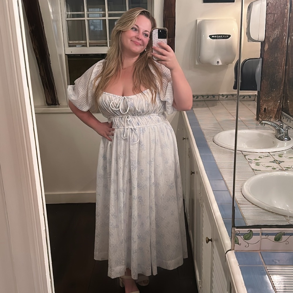 White milkmaid dress with Pale Blue Floral Motif